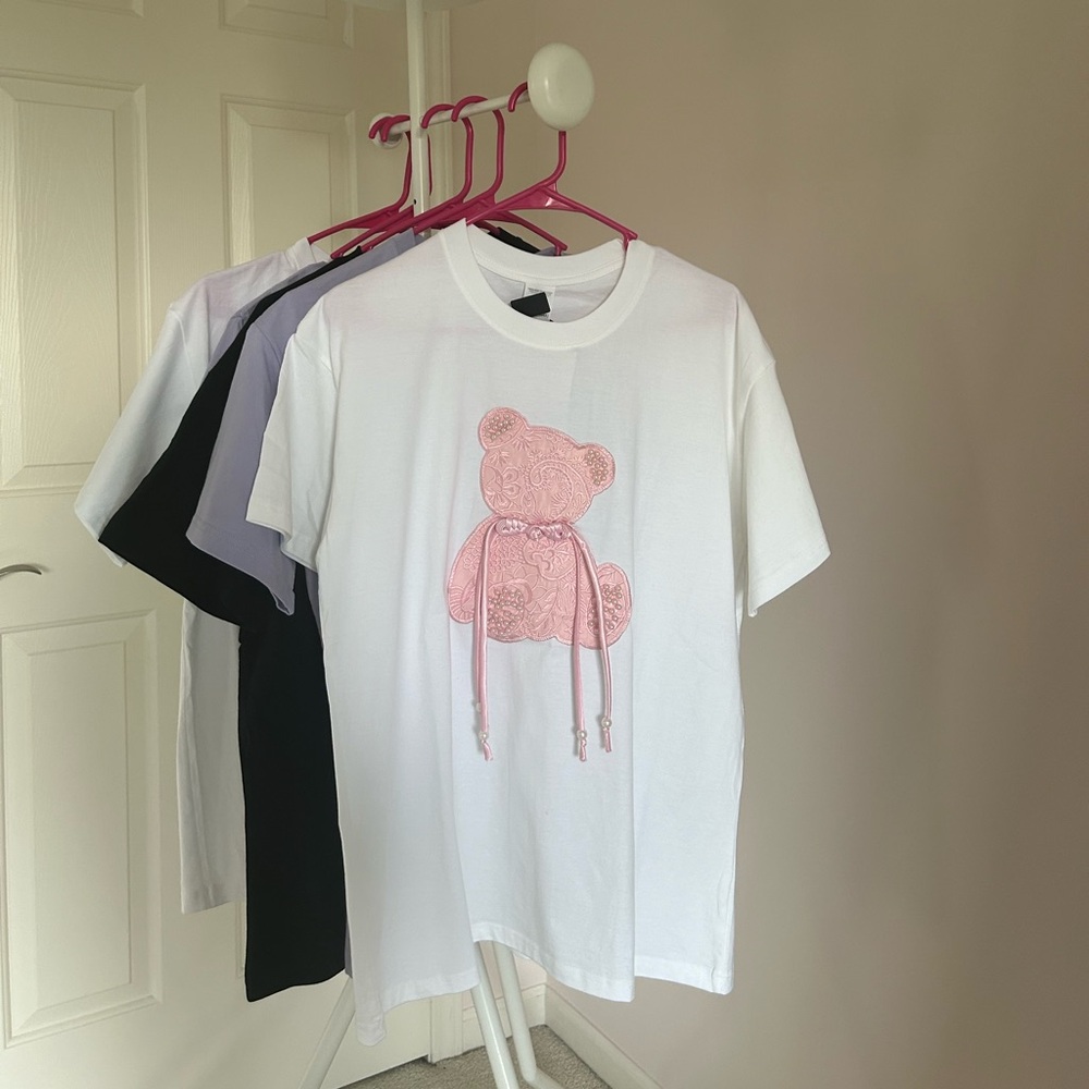 Oversized Pink Teddy Bear Rhinestone White Tee